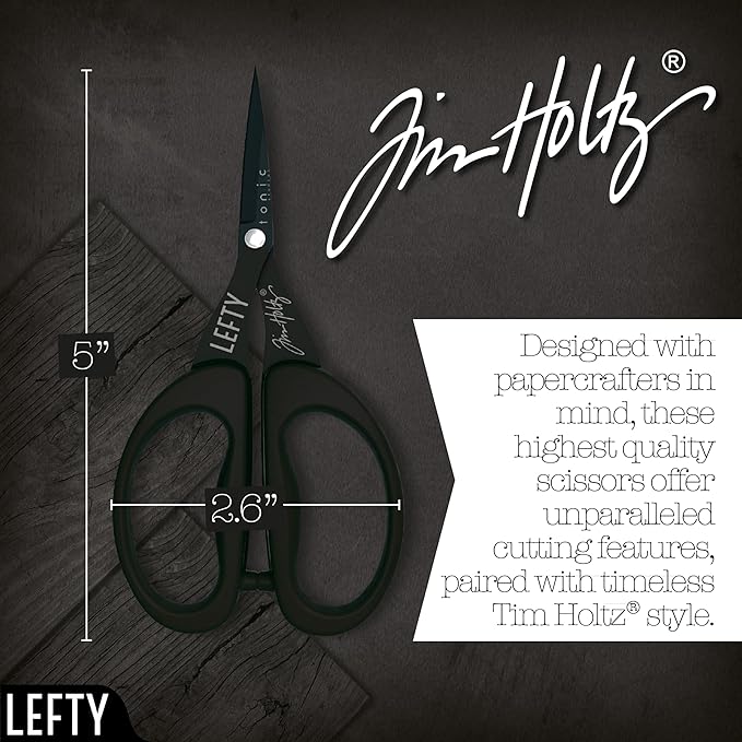 Tim Holtz Left Handed Scissors - 5 Inch Mini Snips with Micro Serrated Blade - Lefty Craft Tool for Cutting Paper, Fabric, and Sewing - Titanium with Black Comfort Grip Handles
