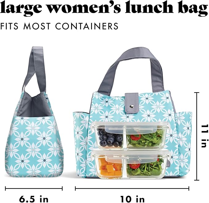 Fit & Fresh Lunch Bag For Women, Insulated Womens Lunch Bag For Work, Leakproof & Stain-Resistant Large Lunch Box For Women With Containers and Matching Tumbler, Snap Closure Westport Bag Aqua