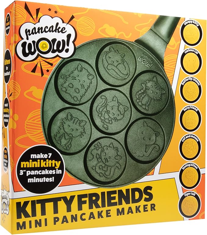 Kitty Friends Mini Pancake Pan - Make 7 Unique Flapjack Cat Designs, Nonstick Pan Cake Maker Griddle w Long Handle for Breakfast Animal Kitten Fun & Easy Cleanup, Fun Xmas Gift for Kids, Party Treat