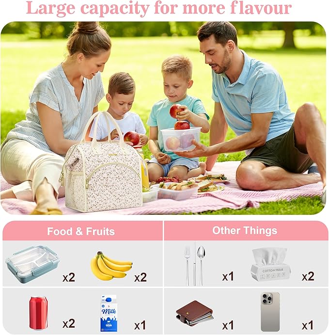 LOKASS Insulated Lunch Bag Women- Reusable 10 L Lunch Box for Women - Leakproof Tote Cooler Bag for Adults Work, Beach, Travel, Picnic （White Small Florals）