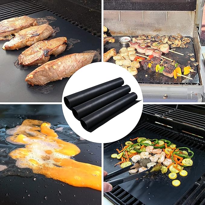 Grill Mats for Outdoor BBQ - Set of 3 Heavy Duty Non-Stick Mats, Easy to Clean, Charcoal, Gas, Electric, RV, Camping