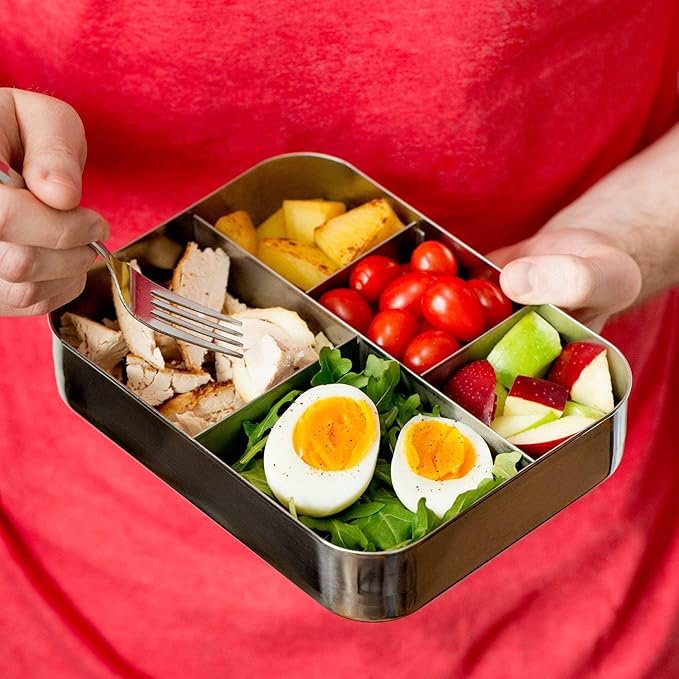 LunchBots Large Cinco Stainless Steel Lunch Container - Five Section Design Holds a Variety of Foods - Metal Bento Box - Dishwasher Safe - Stainless Lid