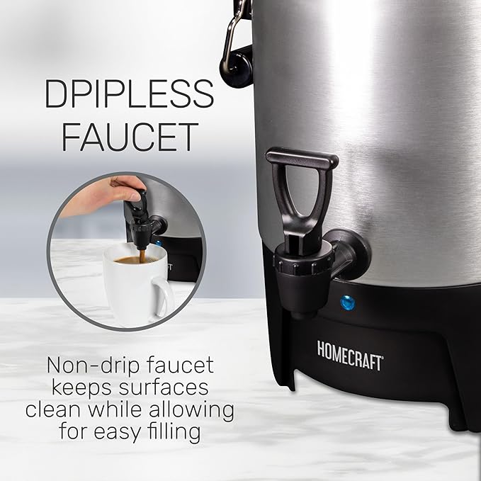 Homecraft 45-Cup Coffee & Hot Beverage Urn - Quick Brewing, Drip-Free Spout, Water Level Markings, Reusable Filter, & Carry Handles - Aluminum