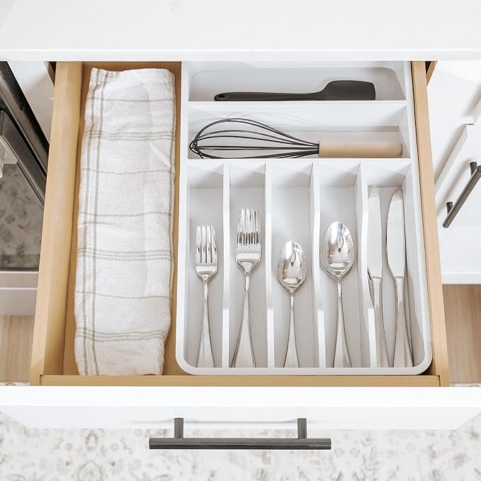KitchenEdge Silverware Organizer - Cutlery, Flatware, and Utensil Holder for Kitchen Drawers, Fixed 10.5” Width, 7 Storage Compartments, Non-Slip Feet, Rounded Corners, 100% Bamboo, White Finish