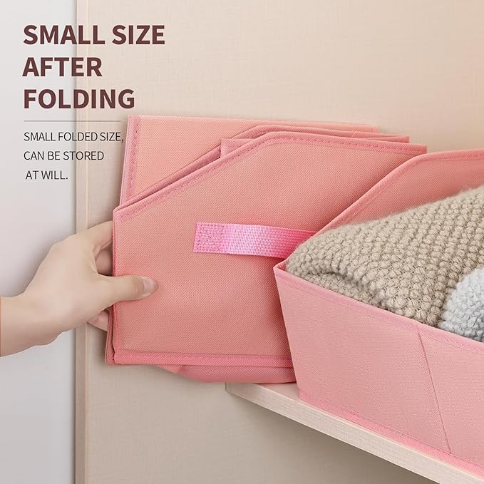 Closet Baskets for Shelves Trapezoid - Decorative Storage Baskets with Handle, Closet Bins for Organization, Shelf Storage Bins for Clothes, Books, Home, Office, 10 Pack, Pink