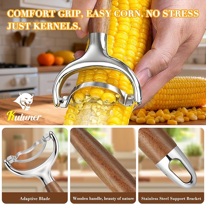 KULUNER Durable Stainless Steel Corn Peeler with Polished Wood Handle Corn on the Cob Stripper Kernel Remover Easy Use Corn Kernel Cutter Kitchen Gadget（Burma Teak）