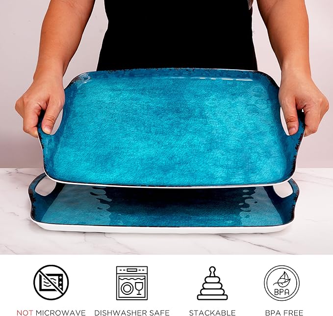 TP Serving Trays with Handles, 17 x 12 Inch Melamine Serving Platters for Food, Meat, Set of 2 Rectangular Trays for Eating, Retro Teal