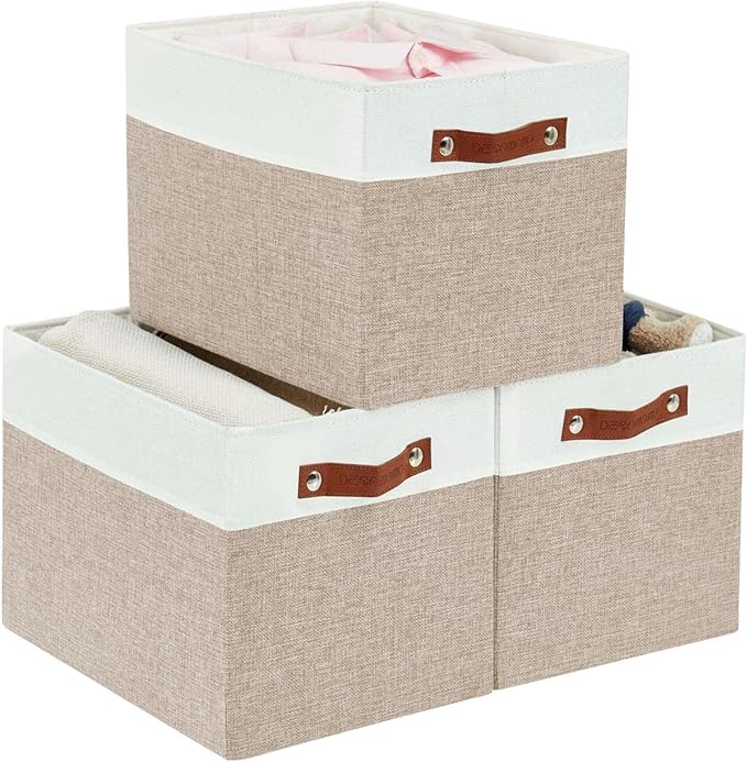 DECOMOMO Kallax Storage Cubes - 13x15x13 Storage Bins, Baskets for Organizing Shelves (Beige and White, 3-Pack)