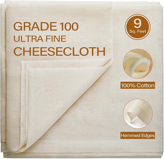eFond Cheesecloth, 9 Square Feet Grade 100 Cheese Cloths for Straining Reusable, Washable, Lint Free and Ultra Fine Mesh Unbleached Pure Cotton Cheese Cloths for Cooking with Hemmed 2 Edges (1 Yard)