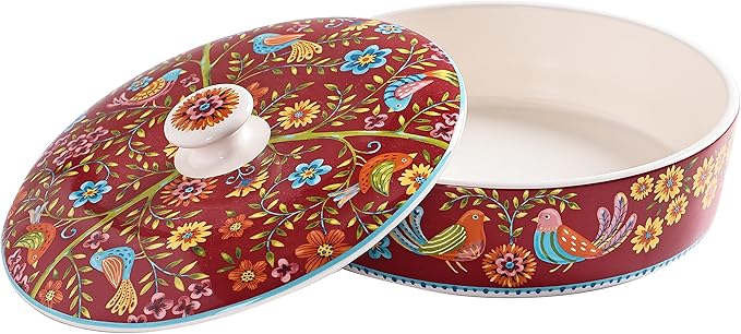 Bico Red Spring Bird Ceramic Tortilla Warmer, 8.9 Inch Tortilla Holder with Lid for Taco Bread Pancake for Mexican Night and Party, Microwave and Dishwasher Safe