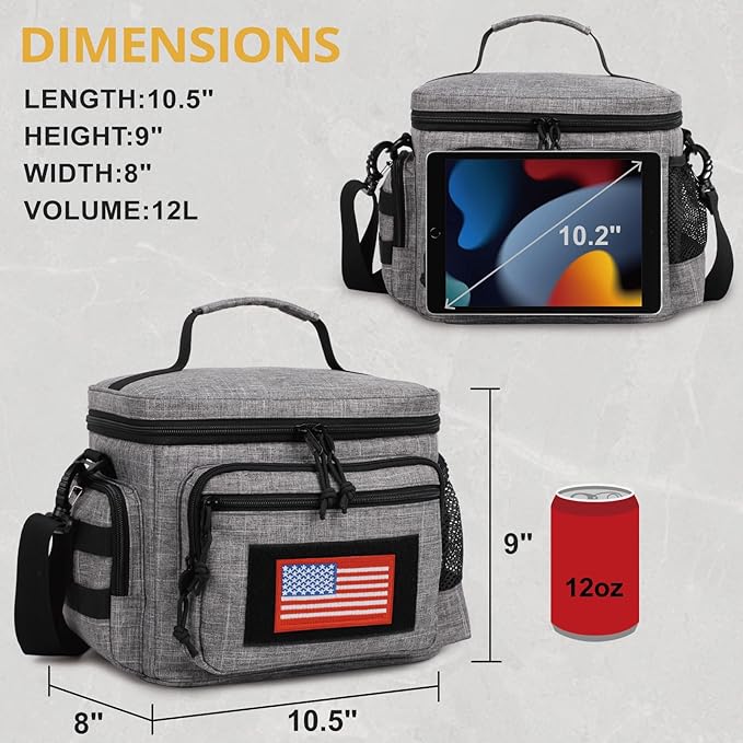 Lunch Box for Men, Tactical Lunch Bag MOLLE Webbing Leakproof Insulated Lunch Cooler Women Adult Meal with Adjustable Shoulder Strap Lunch Pail (Gery)
