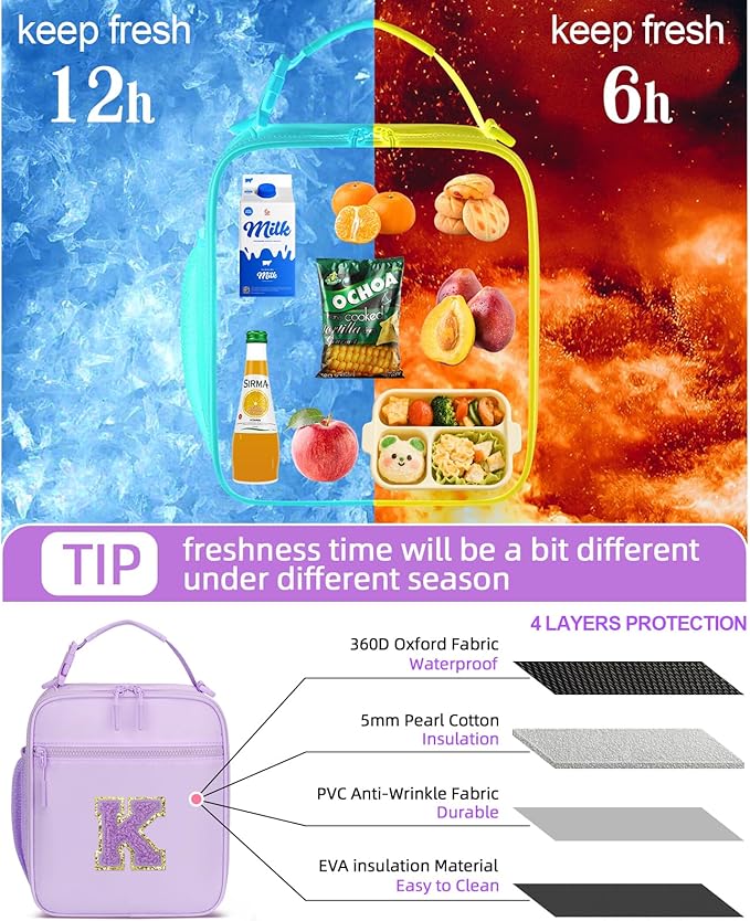 Initial Insulated Lunch Bag for Girls Kids, Back to School Gift, Reusable Leak-proof Lunch Box with Adjustable Strap for School Daycare Travel Picnic (Purple,K)