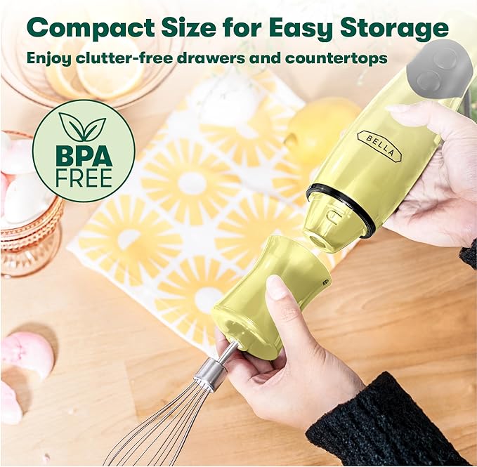 BELLA 2-Speed Hand Immersion Blender with Whisk Attachment, 250 Watt, Yellow, Immersion Blender with Dishwasher Safe Whisk & Blending Attachments for Food Prep (17577)
