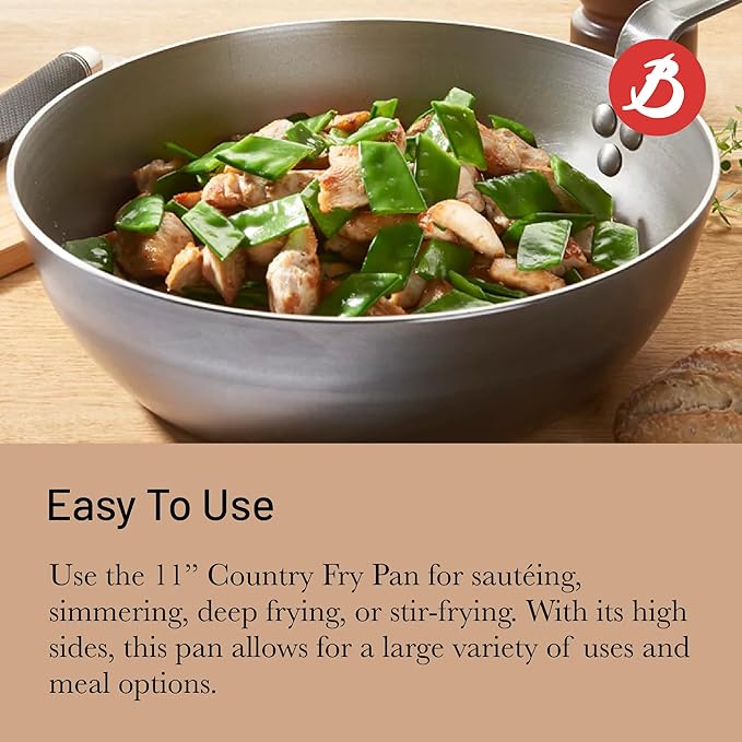 De Buyer MINERAL B Carbon Steel Country Fry Pan - 11” Diameter, 7.7” Cooking Surface - Ideal for Sauteing, Simmering, Deep Frying & Stir Frying - PFAS, PFOA & PFOS Free - Made in France