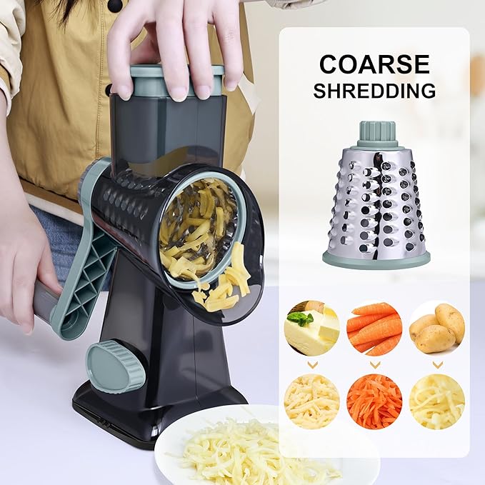 Kaishun Cheese Grater Rotary Grater Sredder Stainless Steel with Vacuum Suction Base Madonline Multi Functional Kitchen Tool Perfect for Easy Shredding and Slicing, Hands Safe Blade Black
