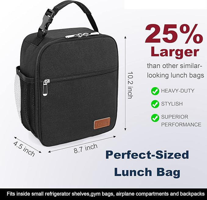 Femuar Lunch bag for Men Women Adults Small for Office Work Picnic - Reusable Portable Lunchbag, Black