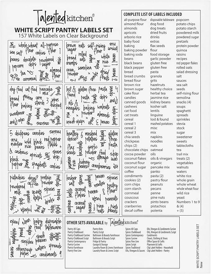 Talented Kitchen Script Pantry Labels - Water-Resistant Reusable Stickers for Pantry Organization - Clear Flour Sugar Stickers - Peel & Stick Spice Jar Labels - 1"-1.5", Laminated Vinyl, 157 Count