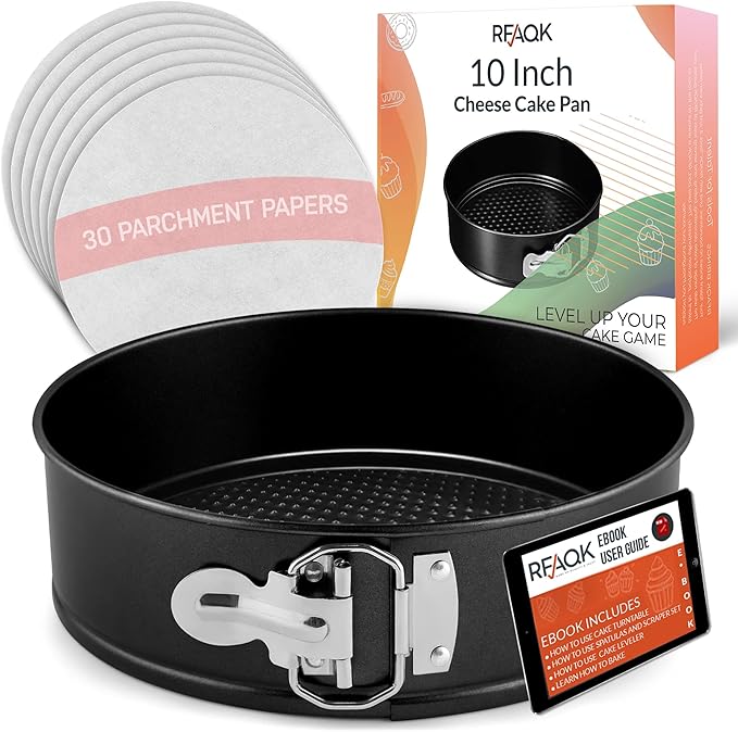 RFAQK 10 Inch Nonstick Springform Pan with Removable Bottom - LeakProof Cheesecake Pans with 30PCs Parchment Papers & Bonus Recipe e-Book - Perfect Baking Every Time
