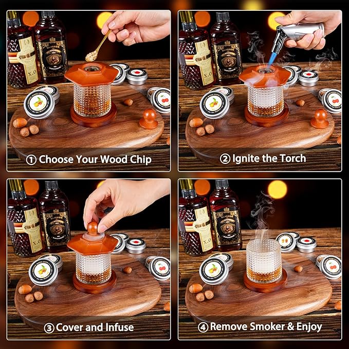 Whiskey Smoker Kit with Torch - 6 Flavors Wood Chips, 2 Rotatable Whiskey Glasses, 2 Ice Ball Molds - Cocktail Smoker Infuser Kit, Old Fashioned Smoker Kit, Birthday Gifts for Men, Dad(NO Butane)