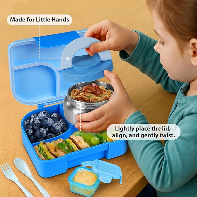 TinyPalsa Bento Box for Kids with 10oz Thermos, Durable Lunch Box with Leak Proof Insulated Food Jar, 3 Compartments with Portable Handle for Ages 3+, Dishwasher Safe, Ideal for School, Travel (Blue)