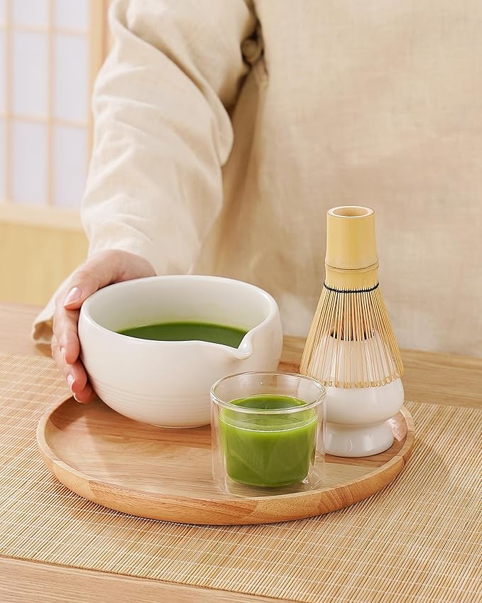 ZENS Matcha Whisk Set, 5pcs Matcha Kit Set Includes Ceramic Bowl, Bamboo Whisk and Chasen Holder, Scoop & Tea Mat，Matcha Tea ceremony Gift for Matcha Lovers, White