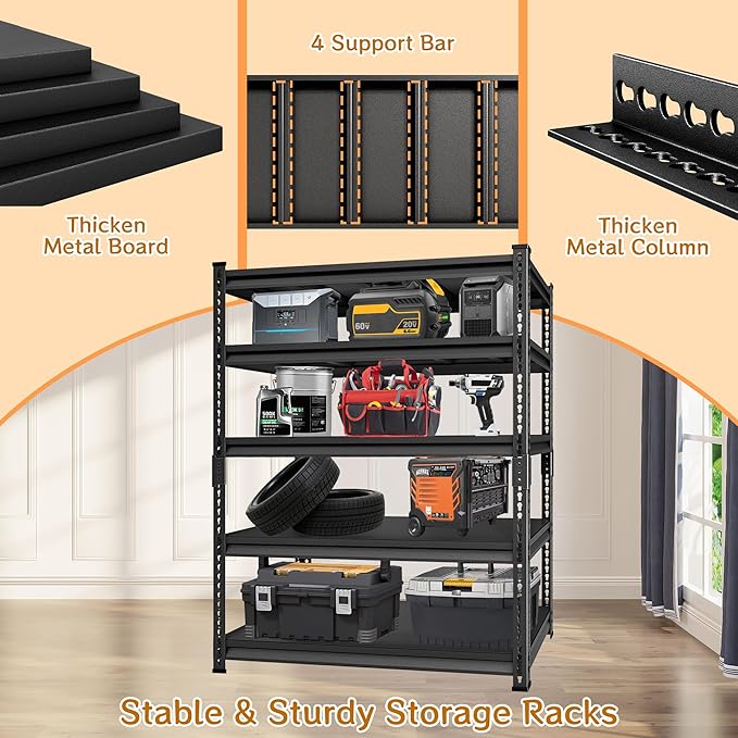 Adjustable Shelving Units and Storage, 48”W Garage Shelving Heavy Duty,2800LBS Loads 5-Tier Garage Storage Shelves, Metal Shelves for Living Room,Pantry,48”W×24”D×78”W,Black