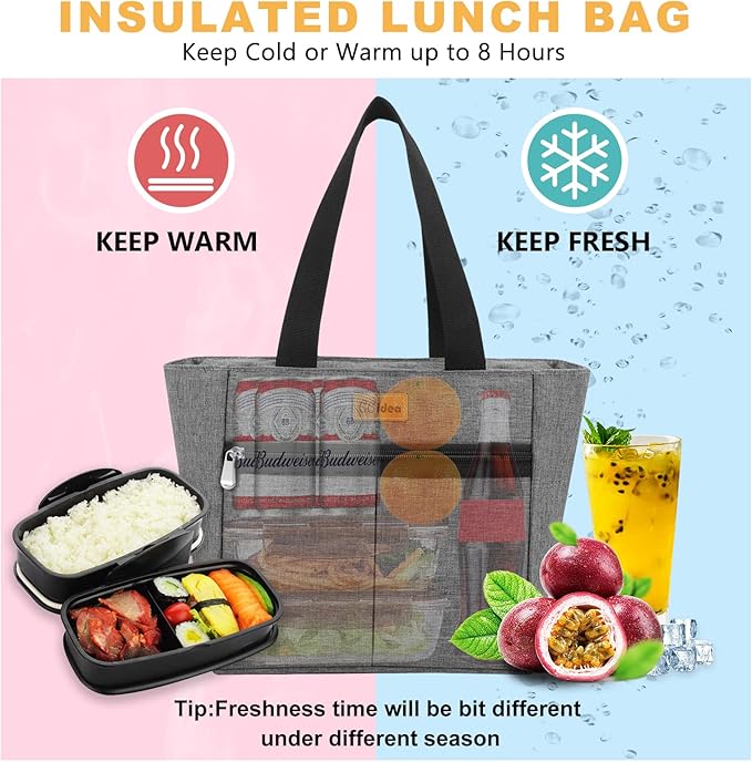 CCidea Lunch Bag for Women Men, Simple Insulated Lunch Box, Reusable Lunch Boxes for School Work Travel (Gray, Medium)