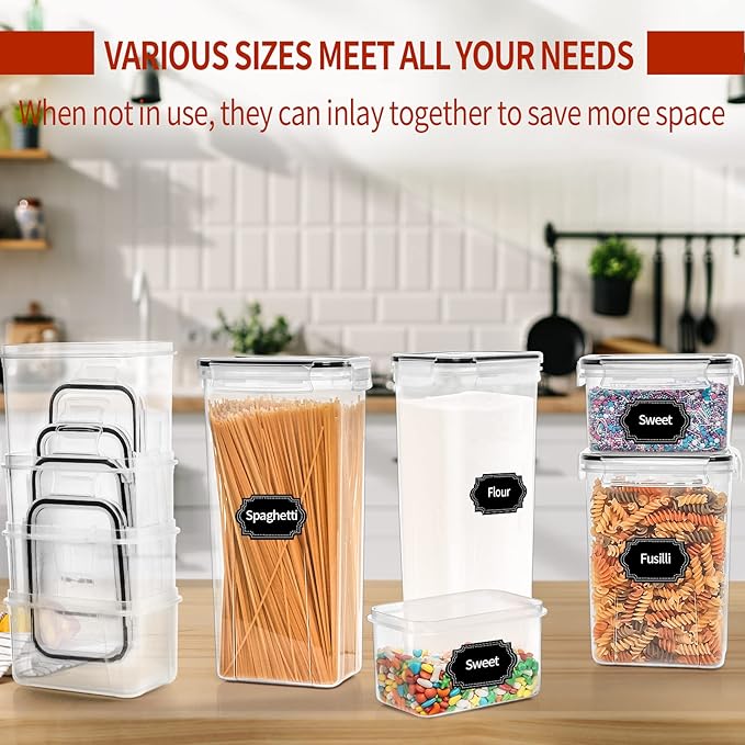 Skroam 24 Pack Airtight Food Storage Containers with Lids for Kitchen Pantry Organizers and storage, Plastic Canister Set for Cereal, Pasta, Flour & Sugar - Spoon Set, Labels & Marker