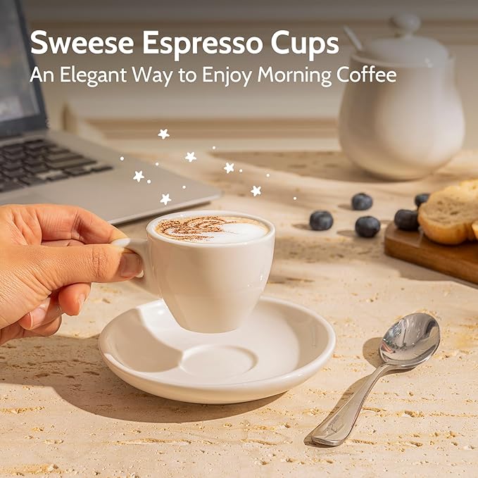 Sweese 4oz Porcelain Espresso Cups with Saucers, Set of 6 - Ideal for Espresso, Cappuccino, Latte, Tea - White