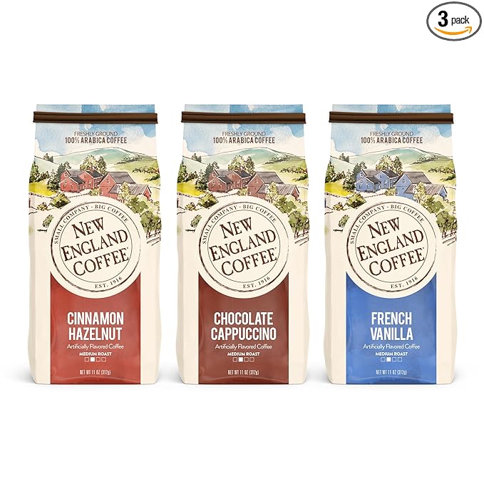 New England Coffee Variety Pack - Cinnamon Hazelnut/Chocolate Cappuccino/French Vanilla, 11oz Bag (Pack of 3)
