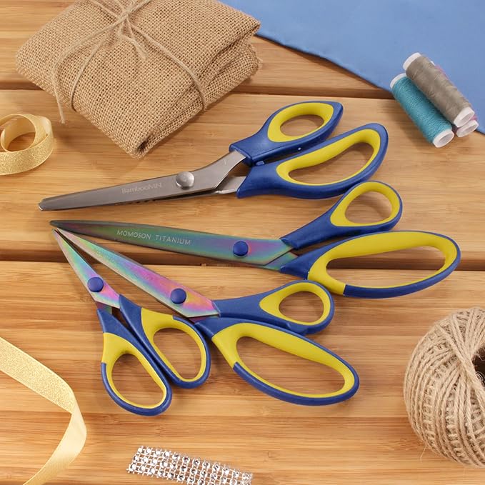 BambooMN Titanium Softgrip Scissors Set - Pinking, Sewing, Arts, Crafts, Office - 30 Sets of 4 - Blue w/Yellow