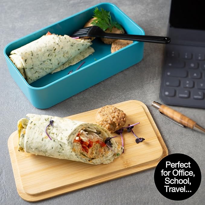 Premium Bento Box for Adults Blue – 2-Tier 46 oz Lunch Container Box with Bamboo Lid, BPA-Free & Leakproof, Microwave & Dishwasher Safe, Includes Food Divider & Cutlery – Ideal for Work & Travel