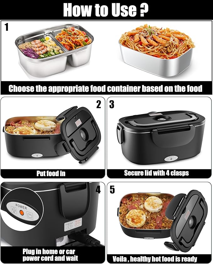 Buddew Electric Lunch Box for Adults, 80W Heated Lunch Box with Dual 1.5L Stainless Steel Portable Food Warmer,12/24/110V Lonchera Electrica Portatil for Travel&Work, Loncheras para Hombres de Trabajo