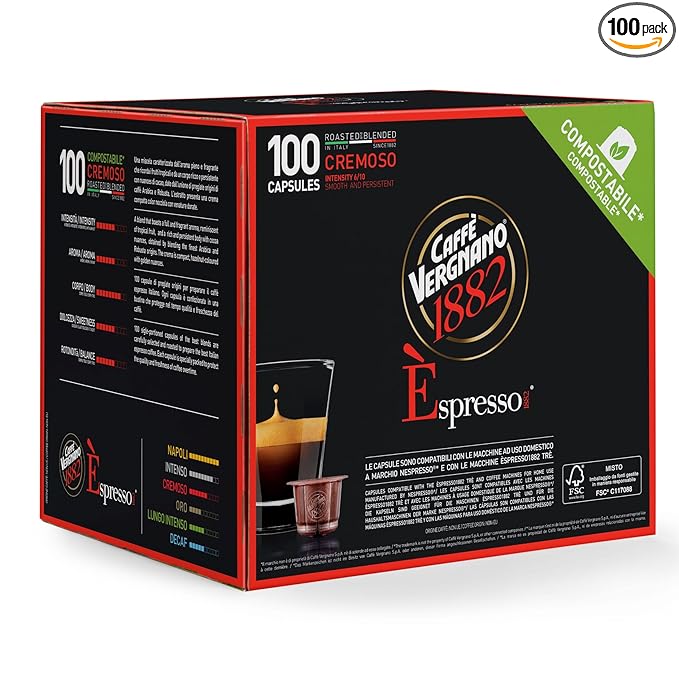 Caffe' Vergnano 1882 Medium Roast Espresso Original Line Machine Compatible Capsules, Arabica Robusta Espresso Coffee, Italian Coffee For Nespresso Coffee Machines, Intensity 6/10, Cremoso, 100 Ct