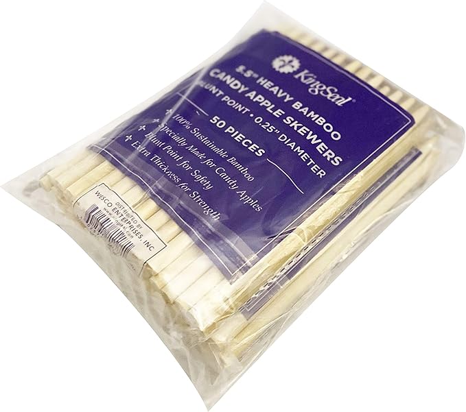 100 Count | KingSeal Natural Bamboo Wood Candy Apple Skewers, Sticks, 5.5 Inch x 6.5mm diameter, Blunt Point for Safety, Retail Pack - 2 Packs of 50 (100 Count)