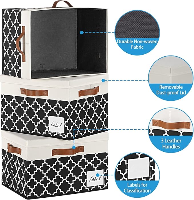 GhvyenntteS Extra Large Storage Bins with Lids, Foldable Fabric Storage Boxes with Lids and 3 Leather Handles, Sturdy Storage Baskets with Label Window (6 Pack, White&Lattice Black)