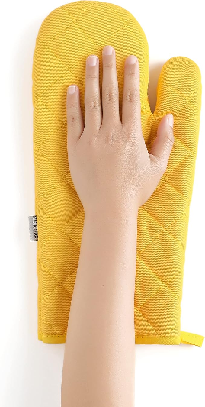 Oven Mitts and Pot Holders 4 pcs Set,High Heat Resistant 500 Degree Extra Thicken Long Kitchen Cotton Oven Glove for Cooking (12 Inch,Yellow)