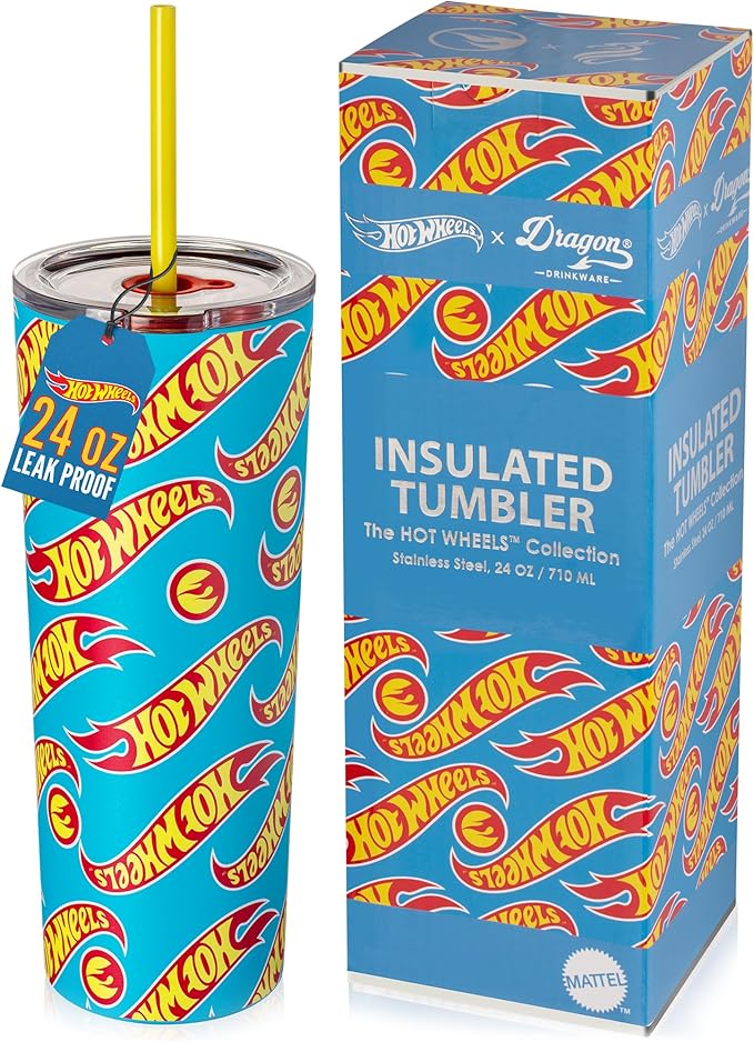 Dragon Glassware x Hot Wheels Insulated Tumbler with Lid and Straw - 24 oz Tumbler Cup with 2 Straws - Stainless Steel Tumbler with Straw for Water, Iced Tea - Travel Coffee Tumbler - Race Team