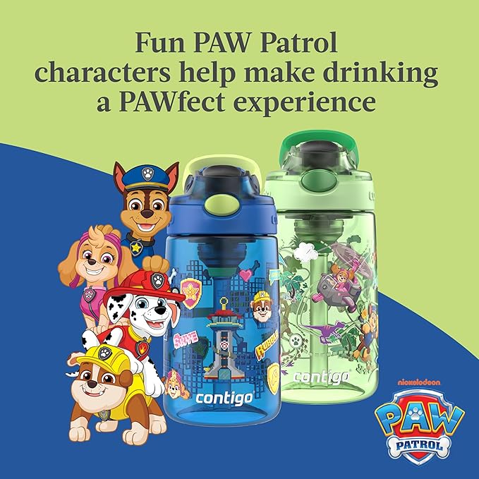 Contigo Aubrey Paw Patrol Leak-Proof Spill-Proof, 2-Pack Water Bottle with Autospout, 14oz, Power Pups and Dino Treks, Green and Blue