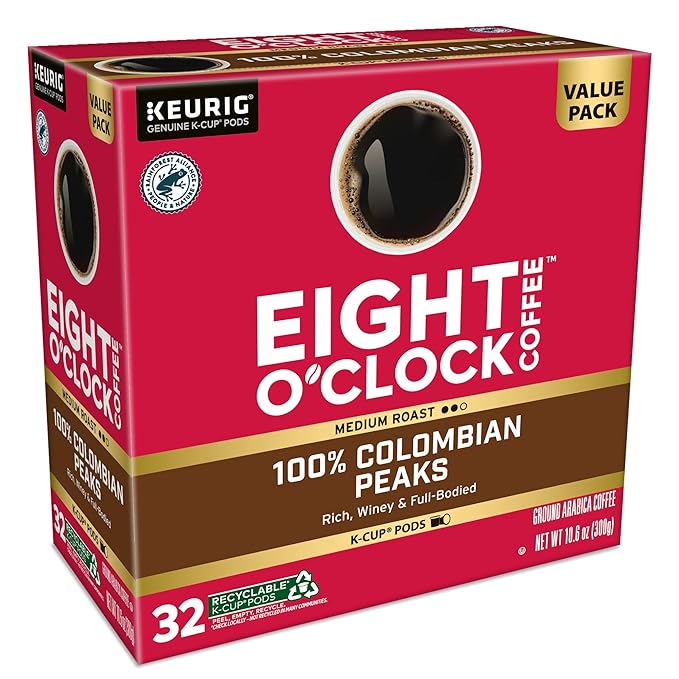 Eight O'Clock Coffee Colombian Peaks Single-Serve Keurig K-Cup Pods, Medium Roast Coffee Pods, 32 Count (Pack of 2)