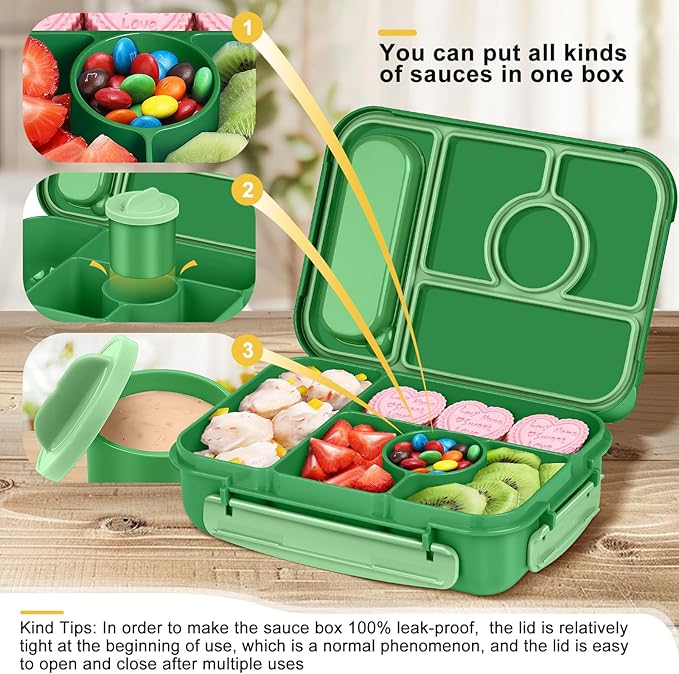 Bento Box Adult Lunch Box Kids,Lunch Containers for Adults/Kids/Toddler,5 Compartments Bento Lunch Box with Sauce Vontainers,Microwave & Dishwasher & Freezer Safe,BPA-Free (Emerald green)