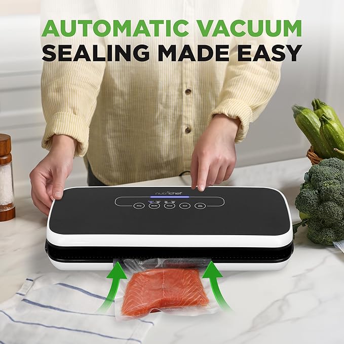 NutriChef Automatic Food Vacuum Sealer, Electric Air Sealing Preserver System for Dry and Moist Foods, LED Control, Strong Suction, Includes Bags, Wine Stopper Cork, and Air Suction Hose, 14”x6”x3”