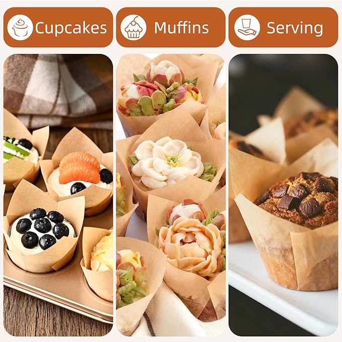 200pcs Natural Tulip Cupcake Liners, Premium Muffin Liners Holders for Baking Cups, Greaseproof Cupcake Wrappers in Standard Size, Classic Parchment Paper Cupcakes Liner by JIRNGLA