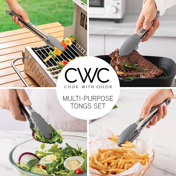 COOK WITH COLOR Stainless Steel Silicone Tipped Kitchen & BBQ Tongs Set, 3 Pc. Tongs, Black
