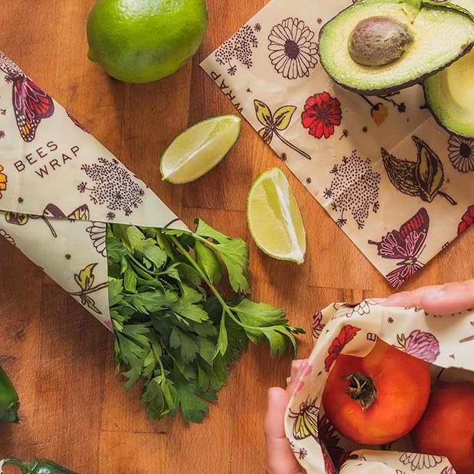 Bee's Wrap Vegan Beeswax Wraps for Food - Meadow Magic Medium 3 Pack Made in USA Reusable & Organic Food Wraps, Sandwich Wrap & Bowl Covers - Eco-Friendly Alternative to Aluminum Foil & Plastic Wrap
