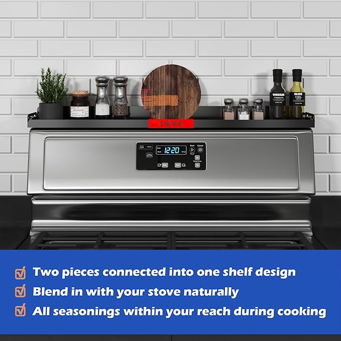 30" Magnetic Stove Top Shelf – Black Spice Rack with Red LOVE Design – Seasoning Organizer for Back of Stove – Over Stove Rack and Kitchen Storage Shelf