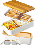 Umami Bento Box Adult All-In-1 w/4 Utensils, 2Sauce Jars, 2 Dividers, 100% Leakproof, Microwave & Dishwasher Safe, Stackable Bento Lunch Box Containers for Men/Women, White & Tan