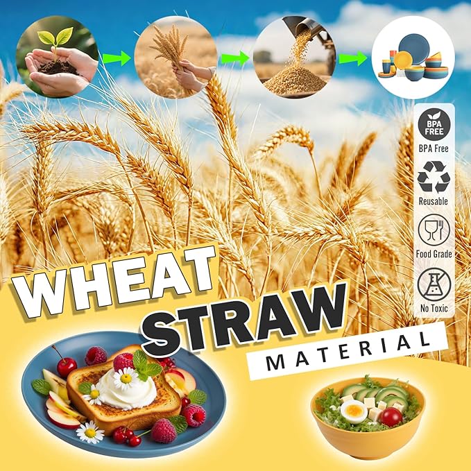 Wheat Straw Dinnerware Sets, Plates and Bowls Sets Unbreakable & Microwave Safe - 32 Piece Service for 8 Dinner Plate Dessert Plate Cereal Bowl Cup for Kitchen & Outdoor - Multi