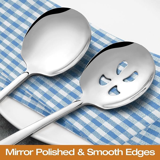 Extra Large Serving Spoons Set 11.7-Inch Serving Slotted Spoon x 2 Serving Spoon x 2, 18/8 Stainless Steel Big Serving Utensil for Buffet, Parties, Catering - Dishwasher Safe(4-Pack, Silver)