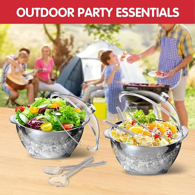 INNOVATIVE LIFE Large Salad Bowl with Ice Chiller Base and Lid, Kitchen Refrigerated Veggie Tray with Two Long Spoons, Party Platters for Food, Clear